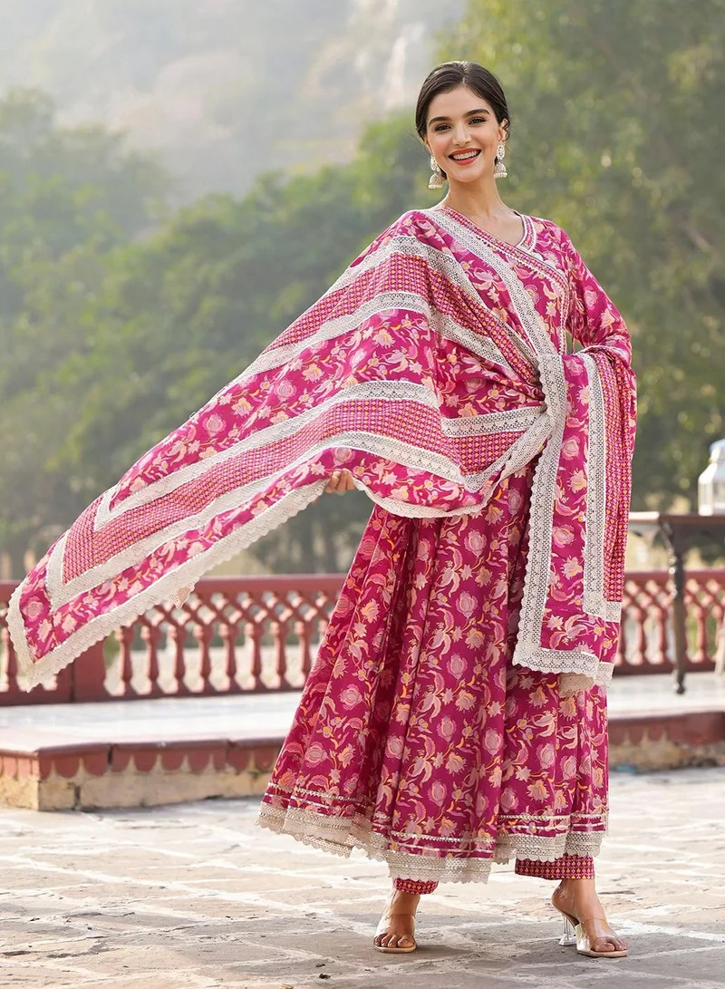 آي شين Women'S Pink 100% Cotton Self Design Full Length Palazzo Kurta Set